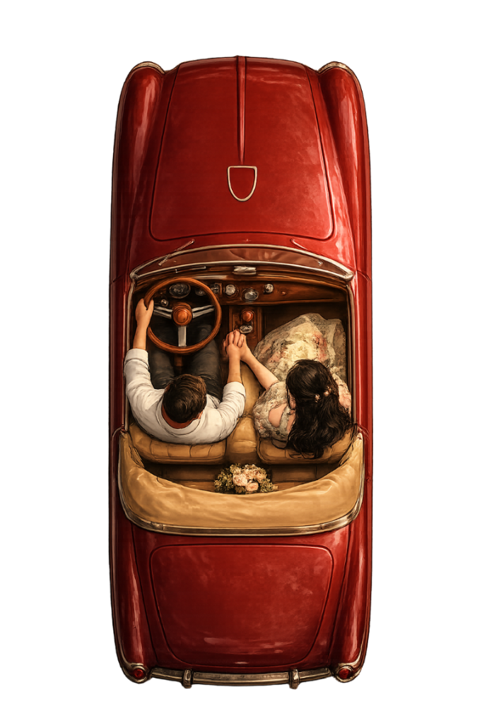 Vintage Red Convertible Carrying Couple